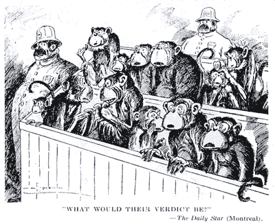 Satirical drawing of monkeys sitting in the jury's box.