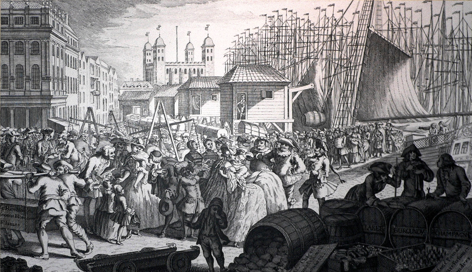 Engraving of a busy port in London. 