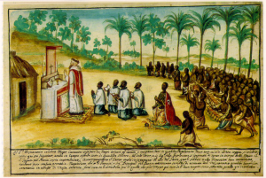Drawing of Capuchin missionary celebrating mass in the Kingdom of Kongo. 