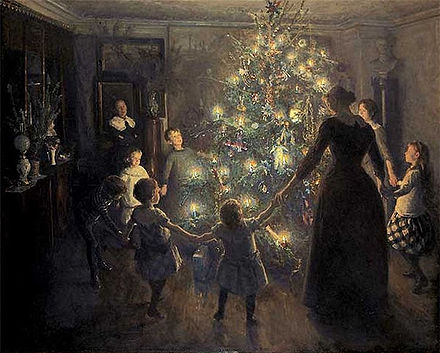 Painting of a family holding hands around a Christmas tree. 