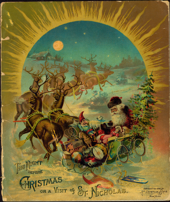 Book cover with St Nicholas riding a sleigh pulled by reindeers. 
