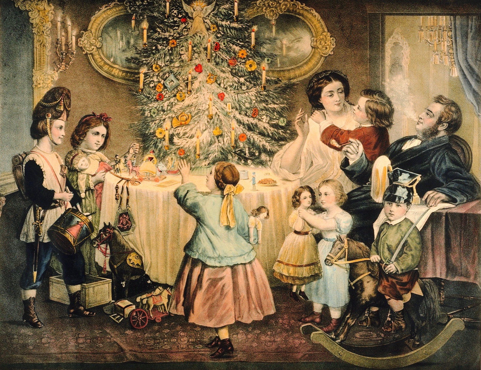 Drawing of a family having dinner by a Christmas tree.