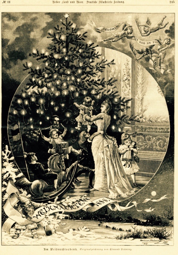 Drawing of a family hanging ornaments on a Christmas tree. 