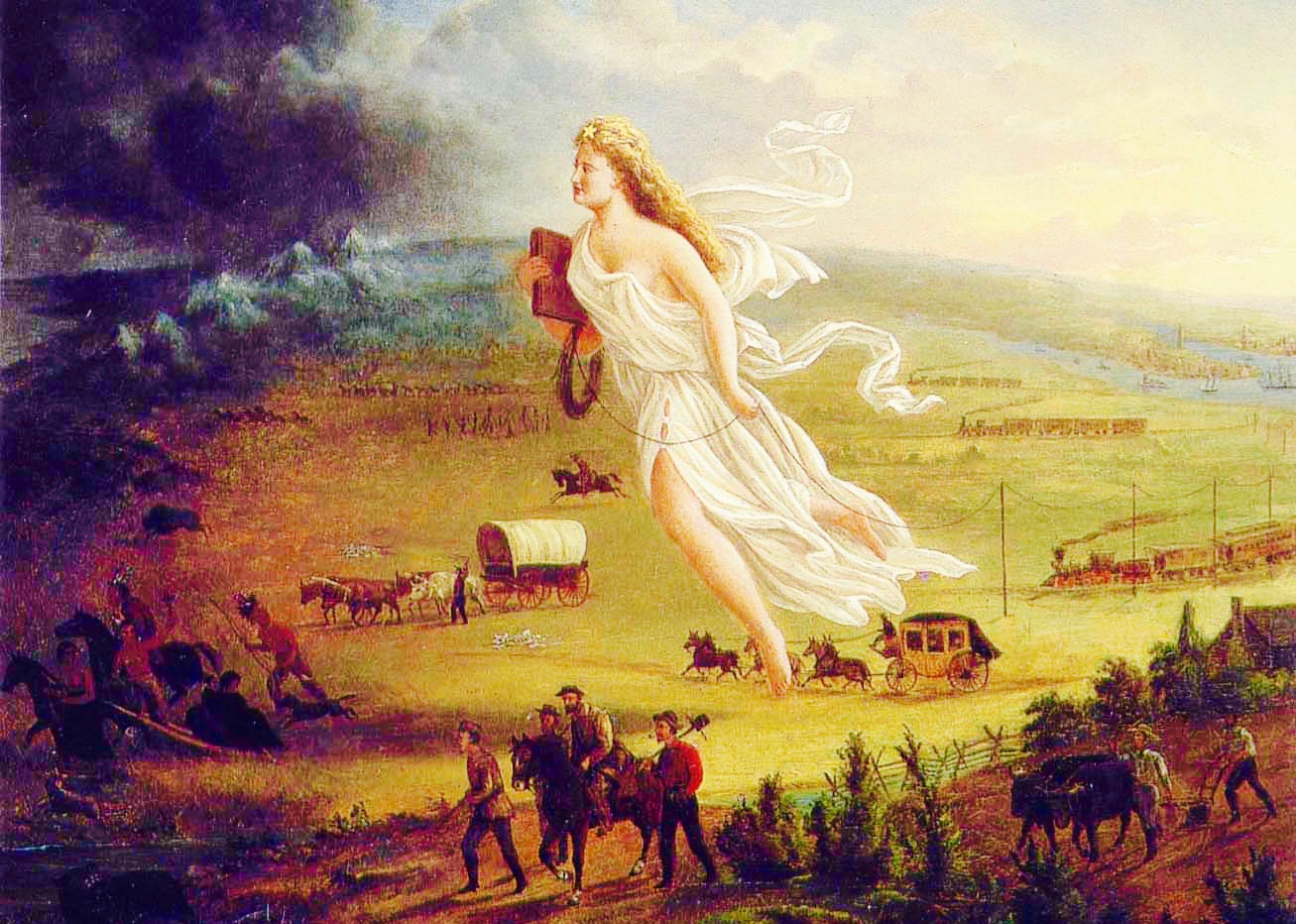 Painting of a Woman leading men, train, and handcarts West depicting American progress.