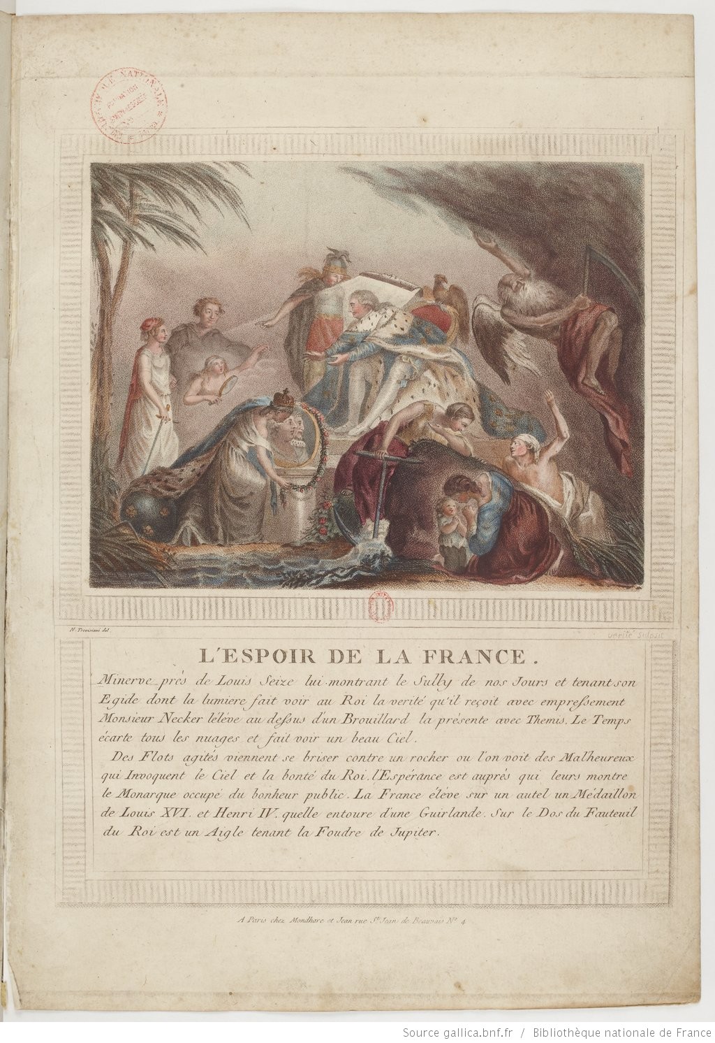 Illustration of Louis XVI surrounded by ancient gods with a caption that reads "L'espoir de la France"
