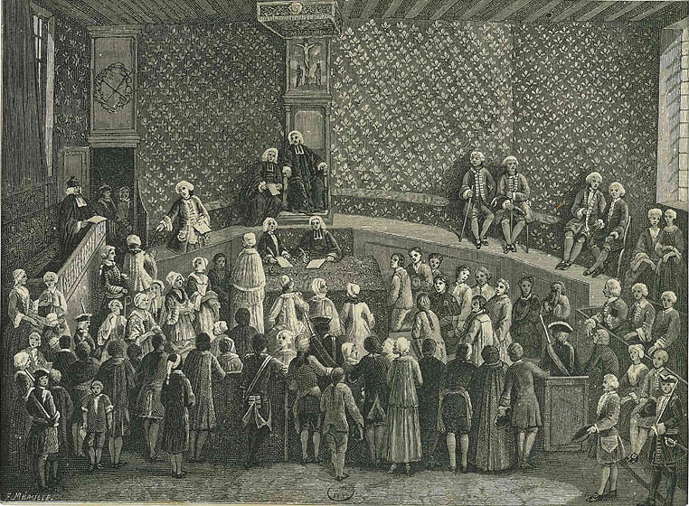 Engraving of a trial scene.