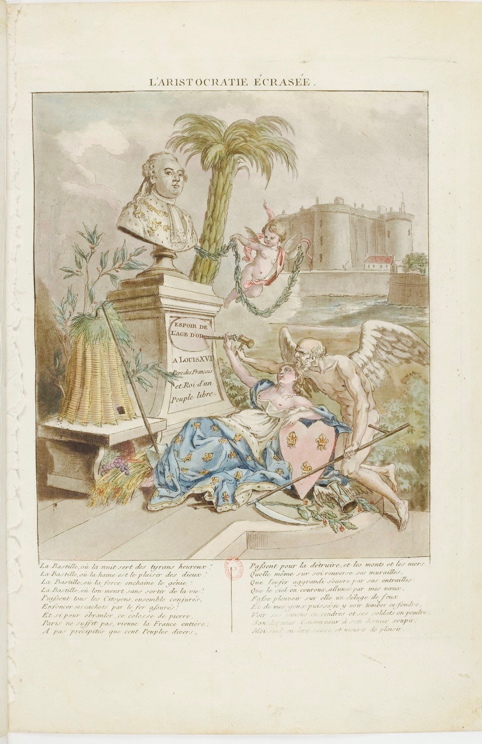 Illustration Liberty writing Louis XVI's name under his sculpted bust.