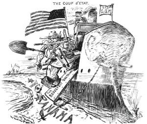 Illustration of Roosevelt disembarking a boat in Panama.