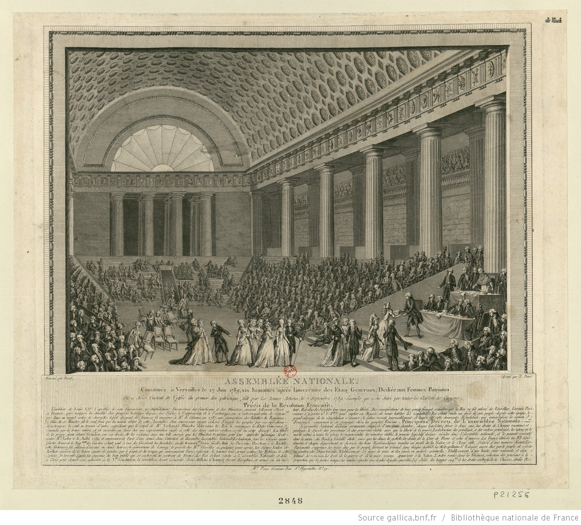 Engraving of the National Assembly gathered in a large room at Versailles. 