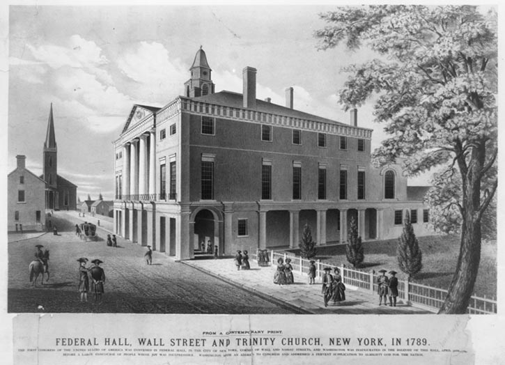 Engraving of Trinity church with people walking near by on the street. 
