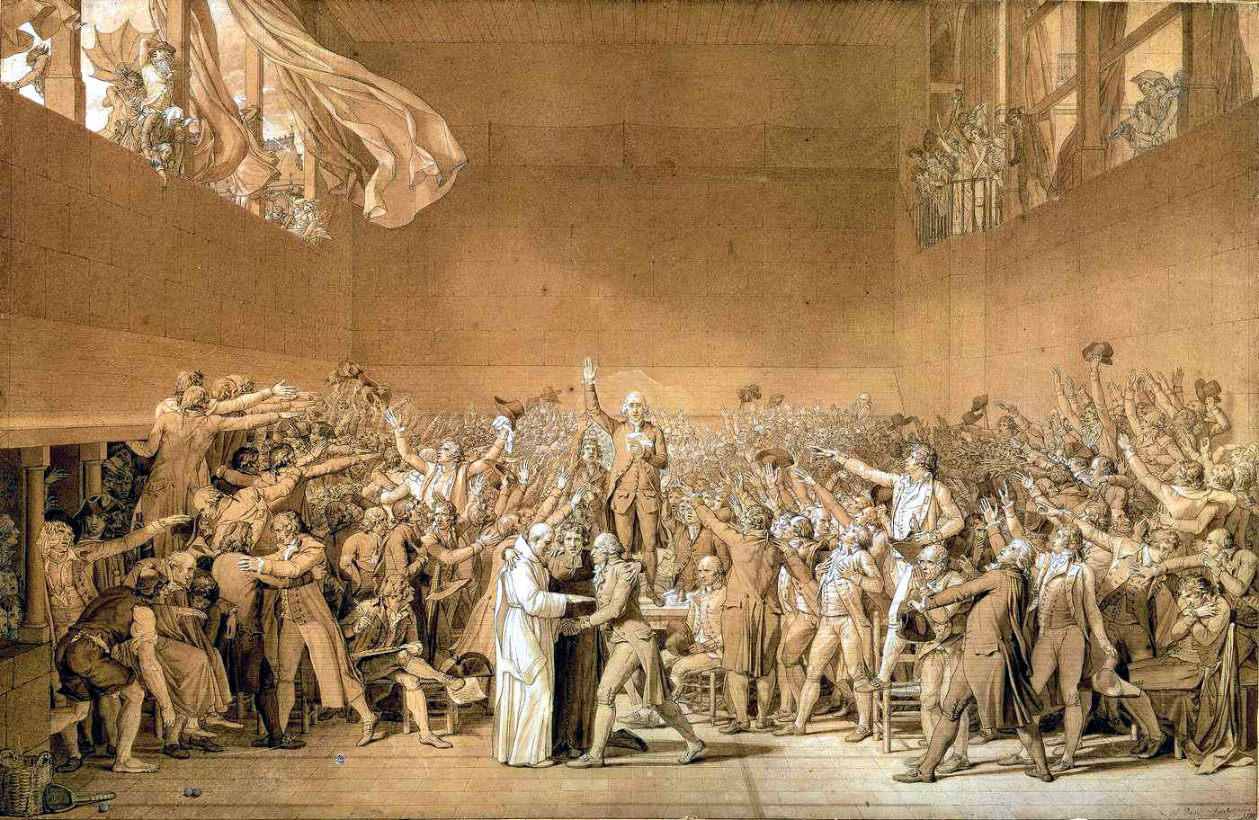 Engraving of men gathered in a large room for the Tennis Court Oath. 