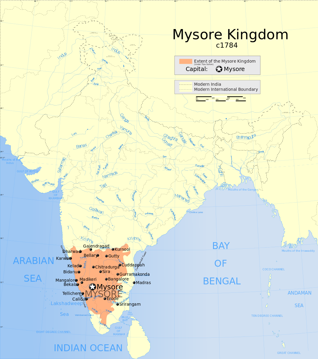 Map of India, highlighting the Mysore Kingdom in the South. 