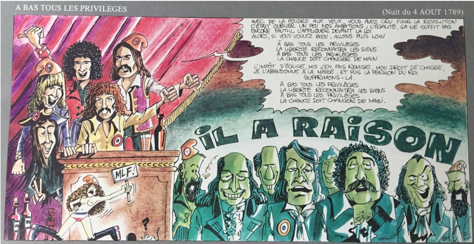 Drawing of four men making a speech while the crowd agrees. 