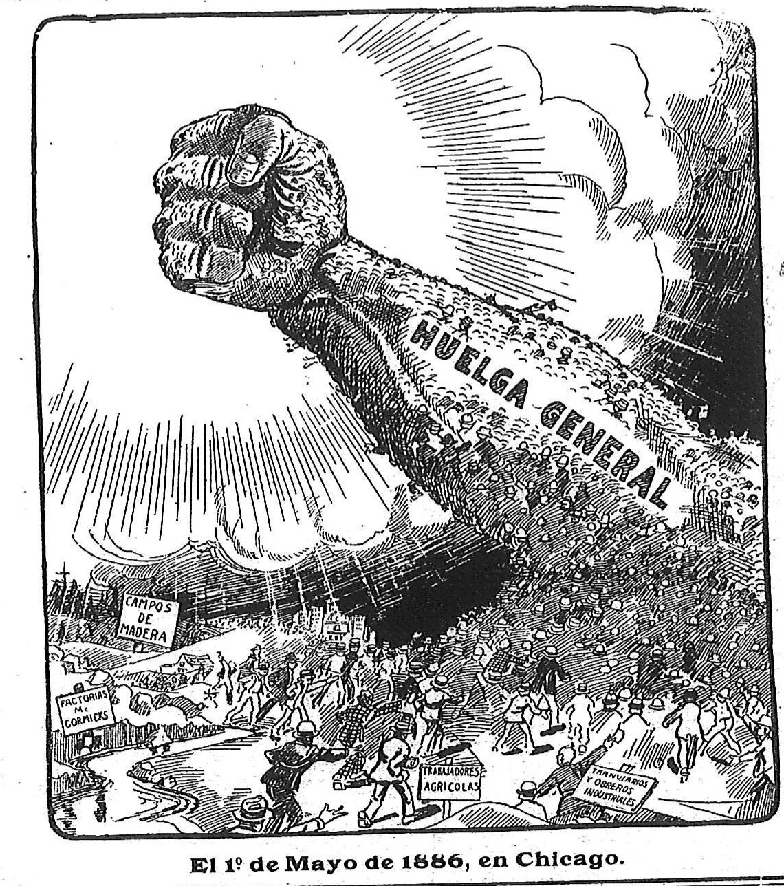 Drawing of a crowd in the shape of a raised fist with the caption "general strike"