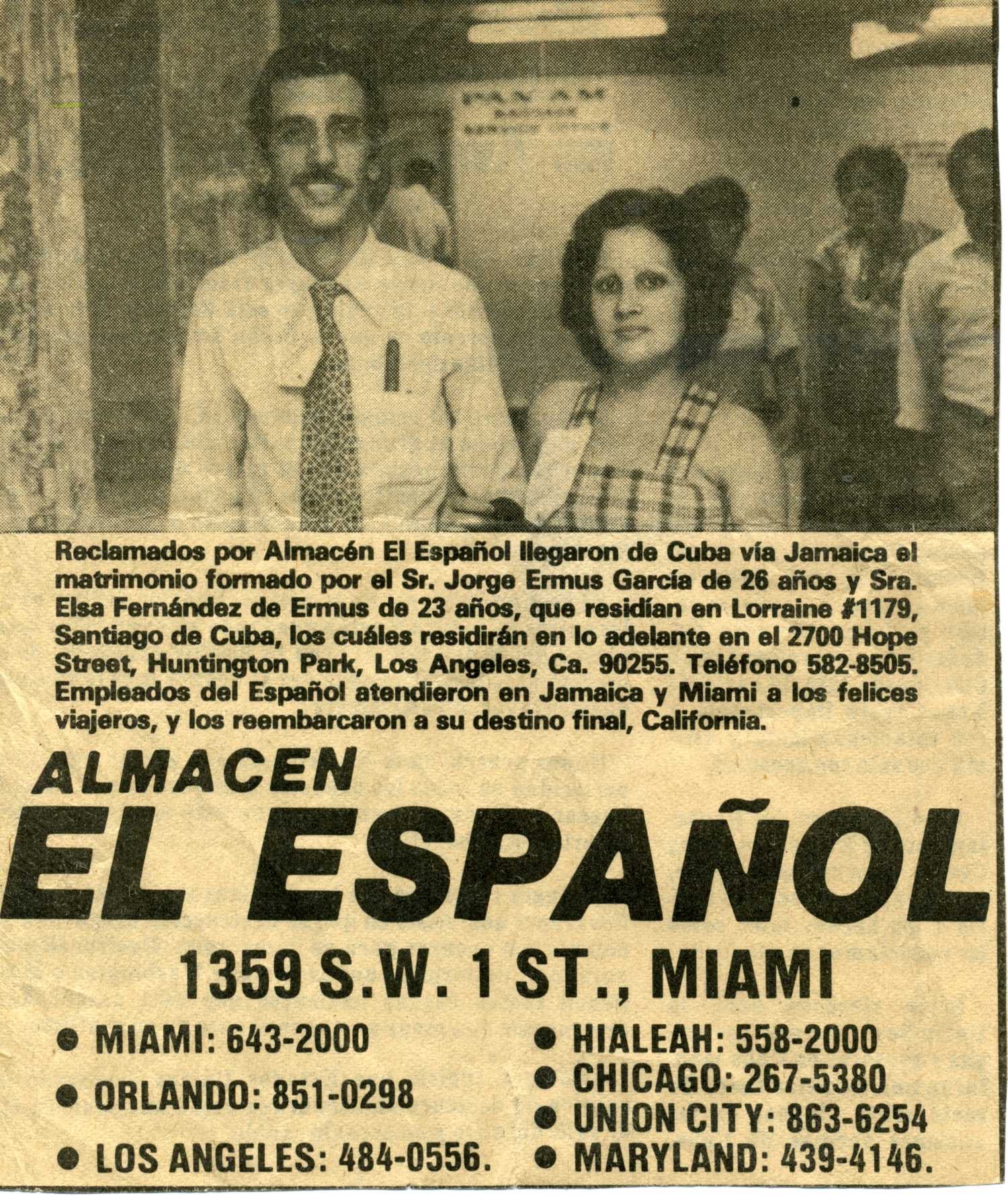 Newspaper add featuring a picture of Jorge and Elsa Ermus at an airport. 