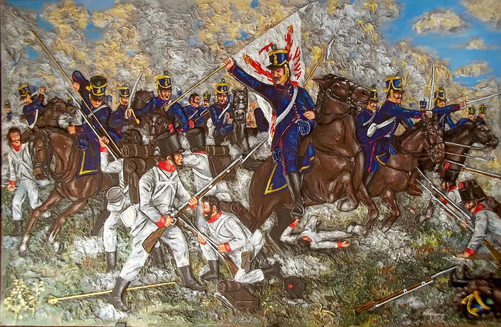 Painting of a battle scene where one side is horse and the other on foot.