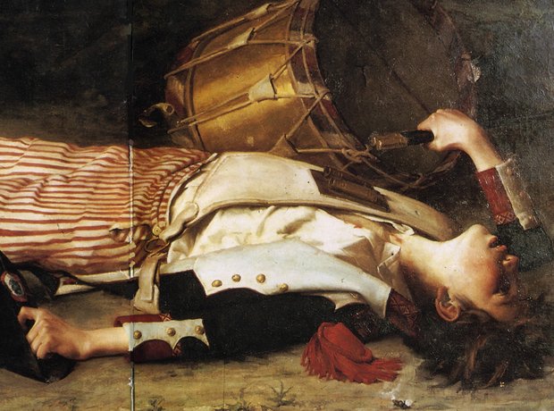 Painting of a drummer laying on the ground holding his drums.