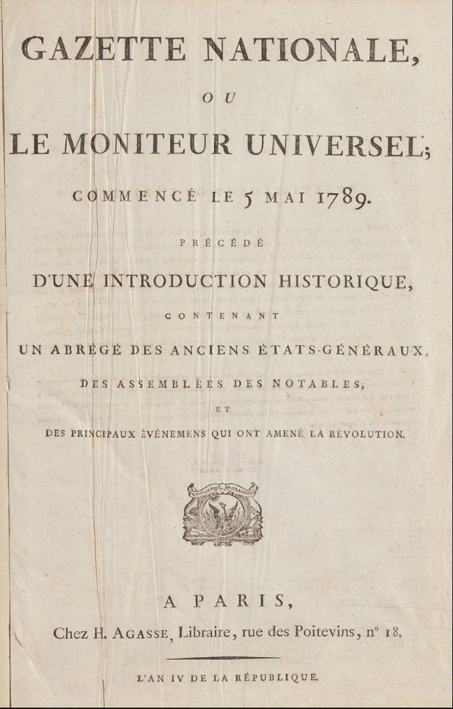 Cover Page of the Gazette Nationale, 1789.