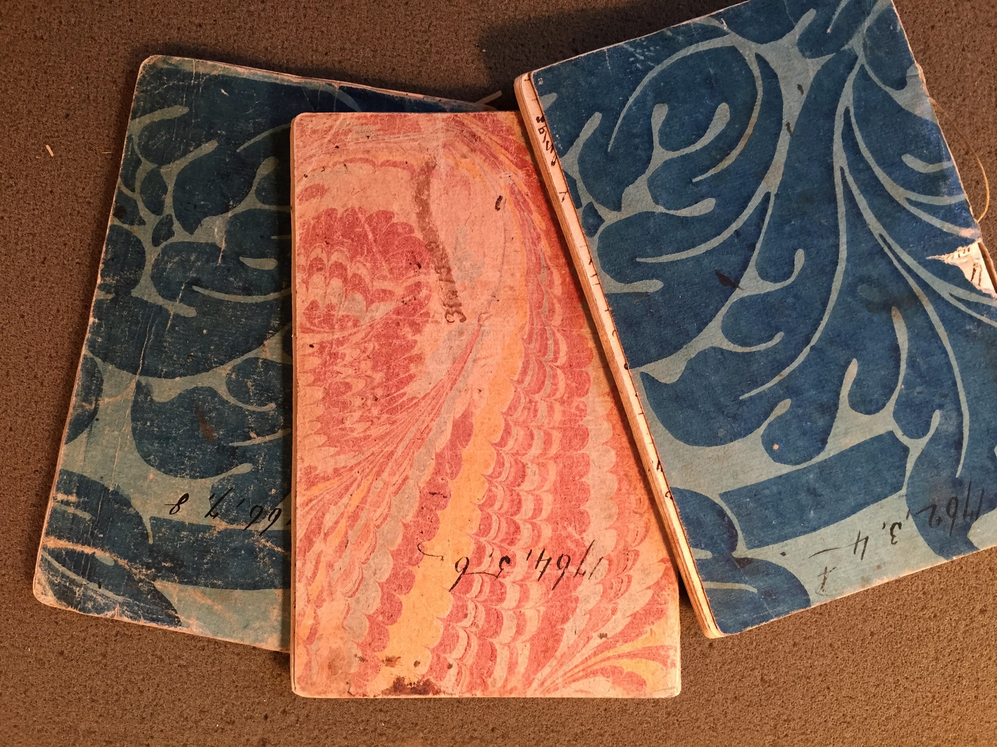 Two blue diaries, one pink diary. 