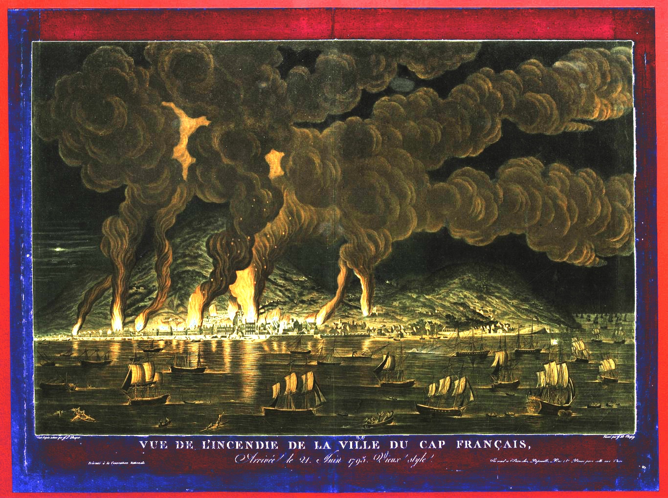 Illustration of a fire over the city of Cap Français.