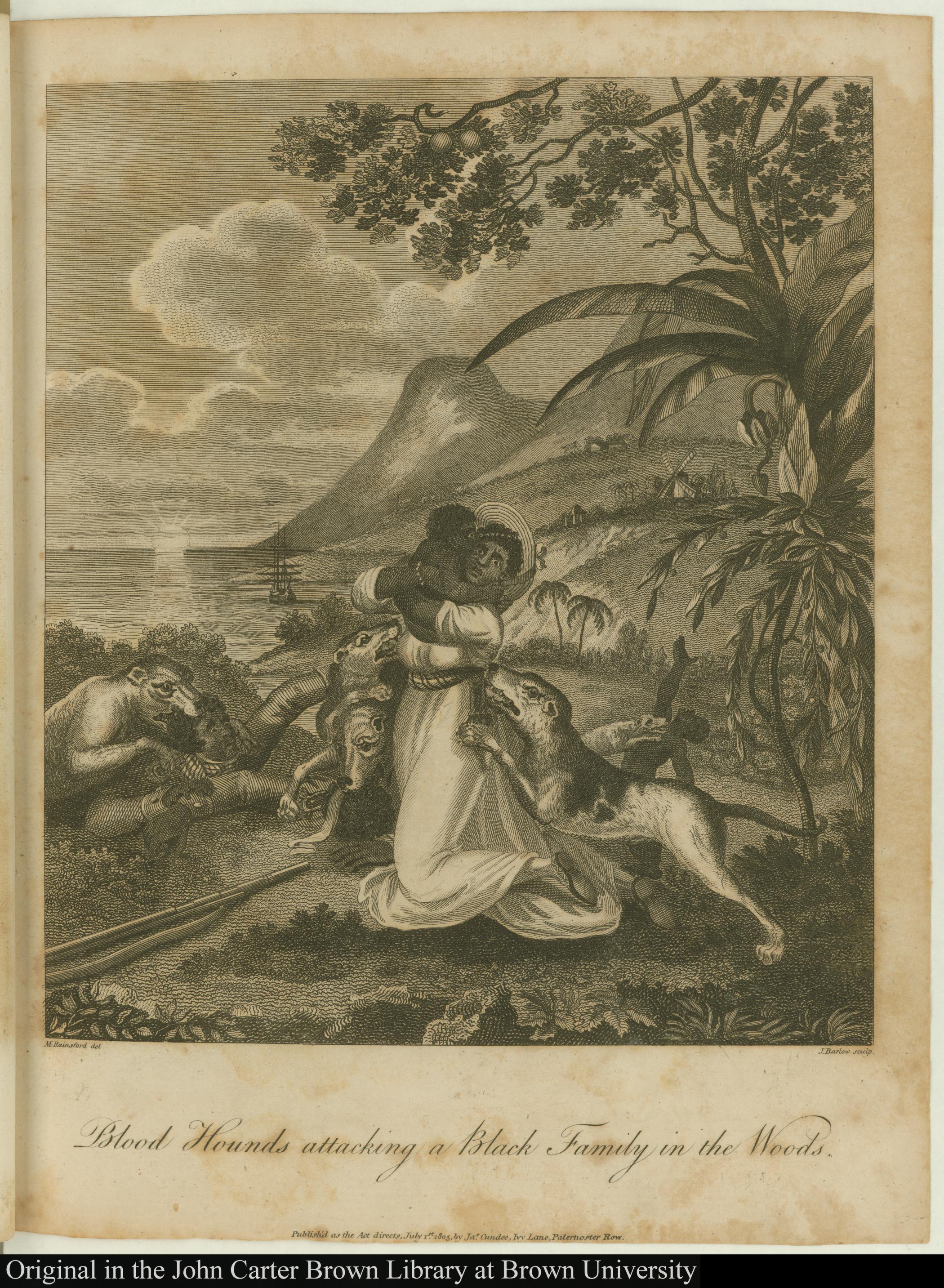 Blood hounds attacking a black family in the woods.