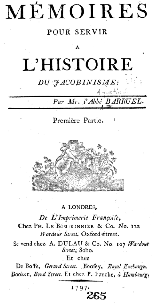 Title page of the Memoires pour servir à l'histoire du Jacobinisme by l'Abbé Barruel. 