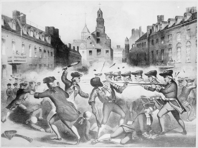 Drawing of soldiers attacking a crowd in Boston.