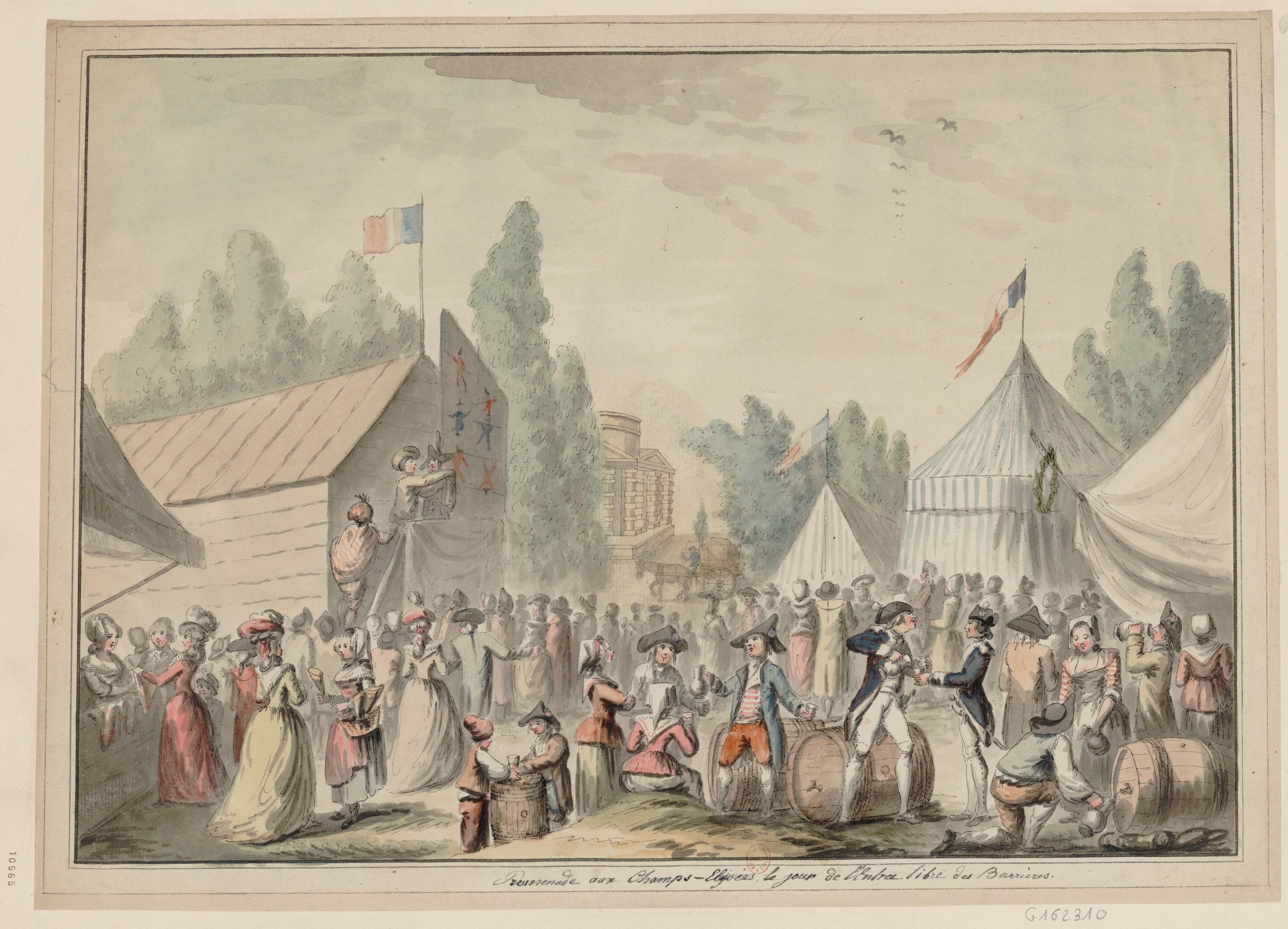 Illustration of crowds gathered on the Champ-Elysées.
