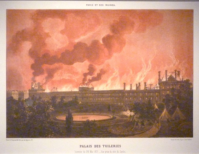 Engraving of the Palais des Tuileries on fire. 