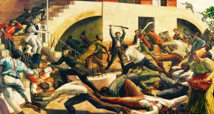 Painting of a conflict scene during the Morant Bay rebellion.
