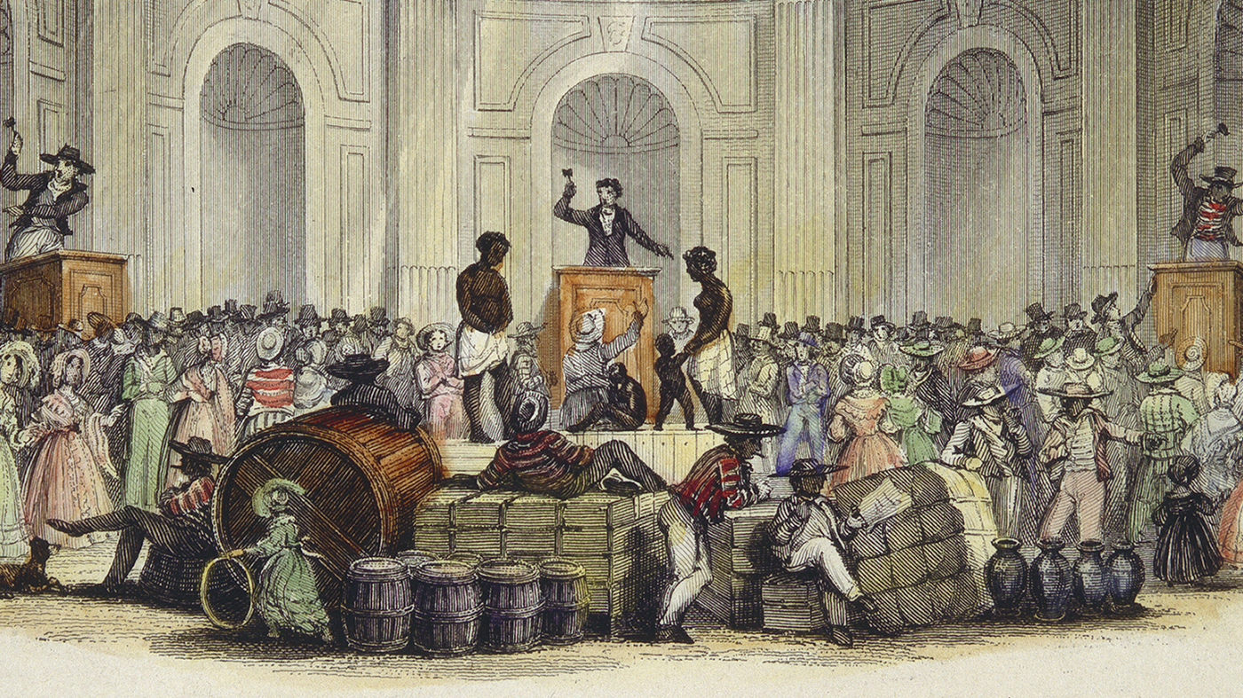 Interior view of a room with a rotunda ceiling during an auction of slaves, artwork and goods.