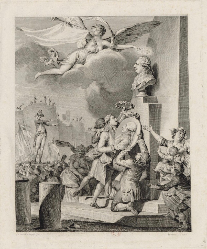 Engraving of two men worshipping a bust.