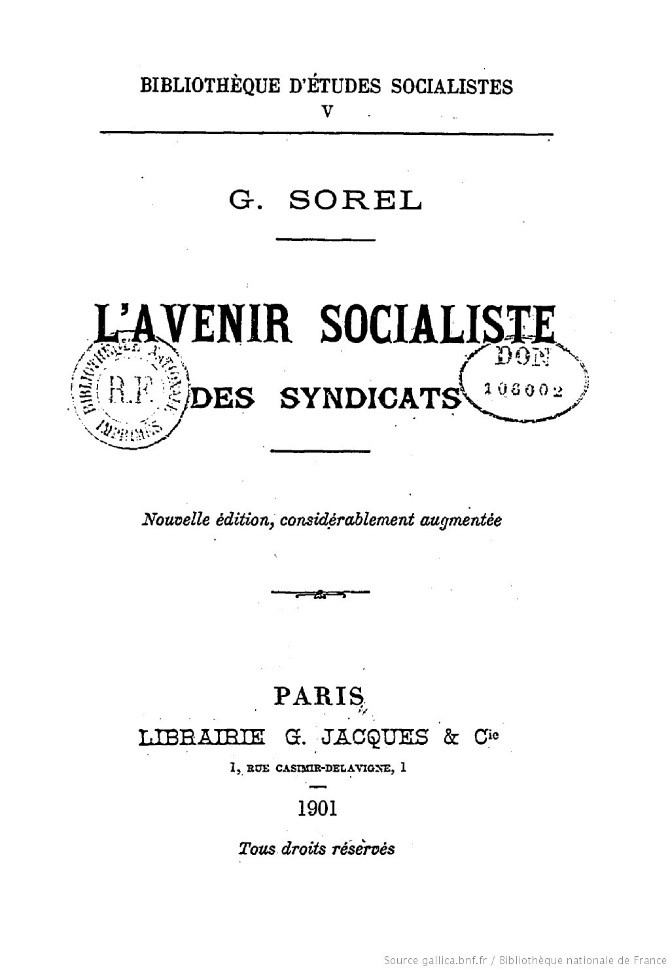 Title page of L'Avenir Socialiste des syndicats by George Sorel. 