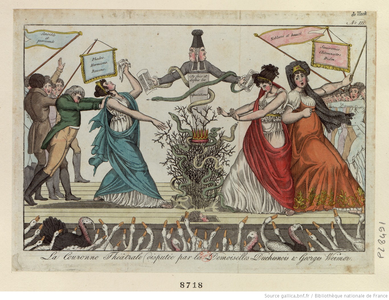 Drawing of women performing on stage with a crowd of birds watching.