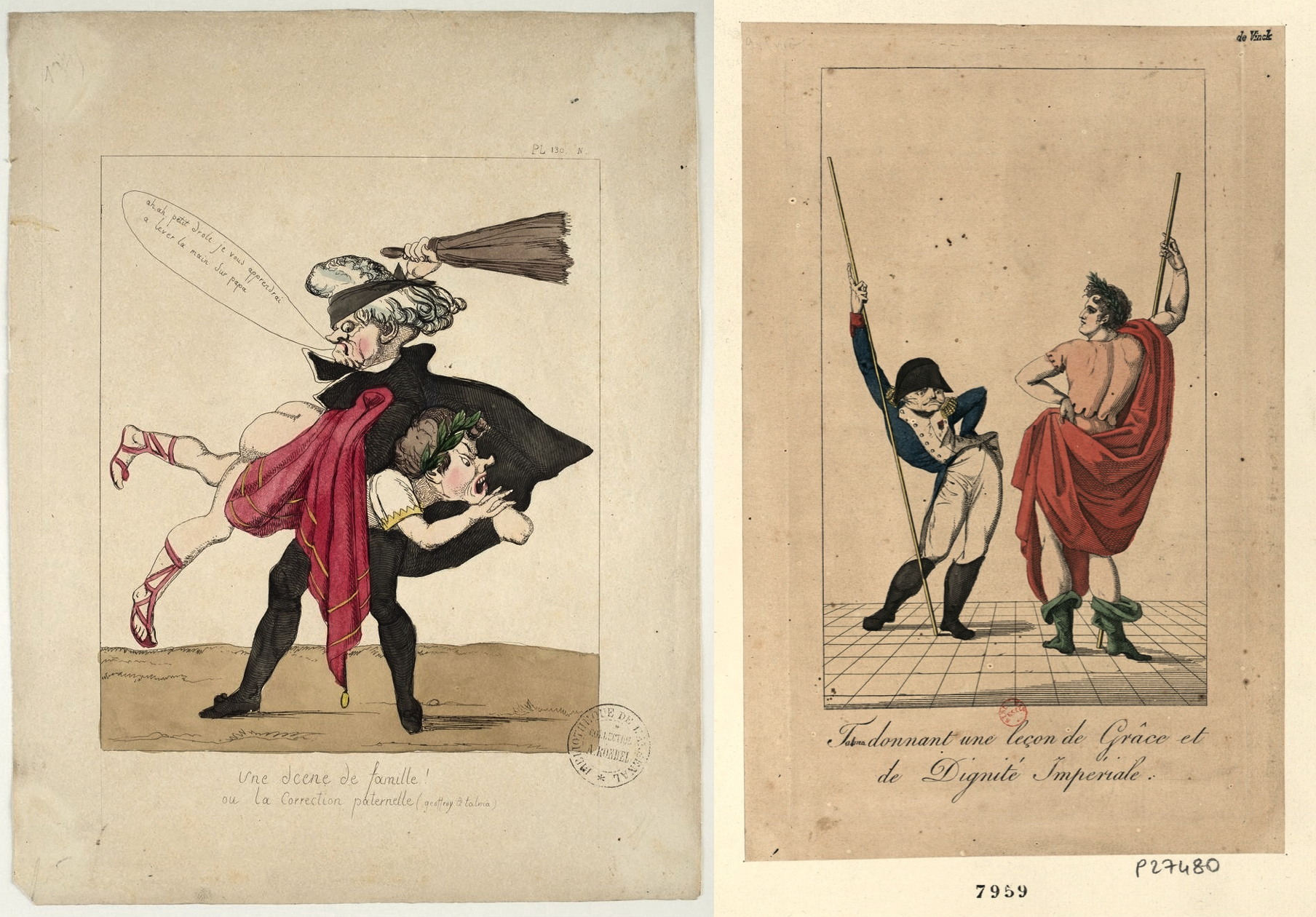 Two caricatures of actors in costumes. 