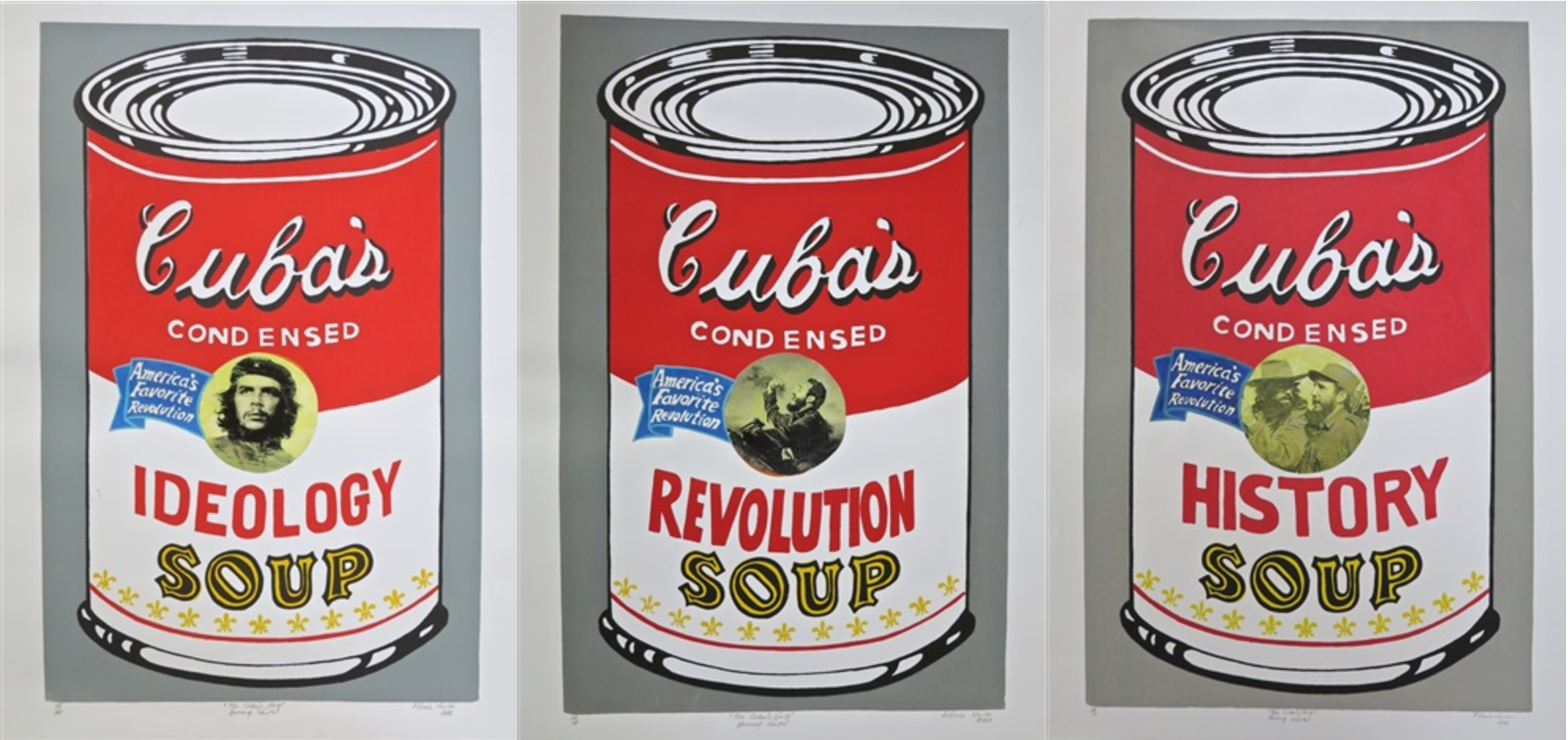 Three Campbell soup cans that read Ideology, Revolution, History.