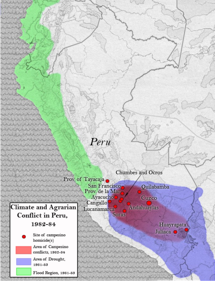 Map of Peru highlighting climate and agrarian conflict between 1982 and 1984.