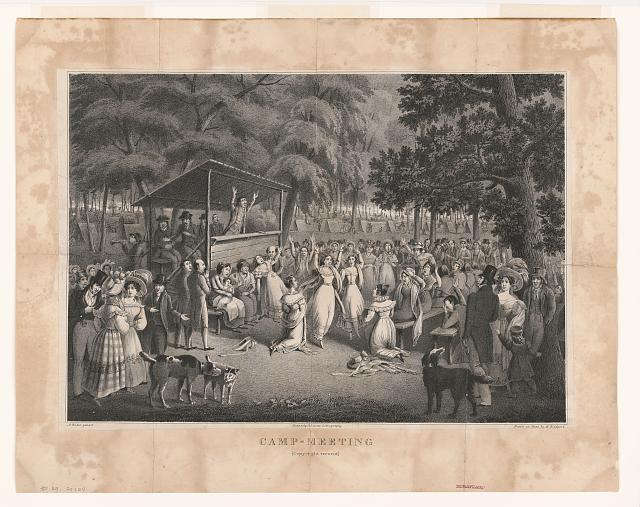 Drawing of a crowd gathered for religious worship. 