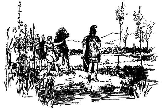 Drawing of Julius Caesar paused on the banks of the Rubicon. 