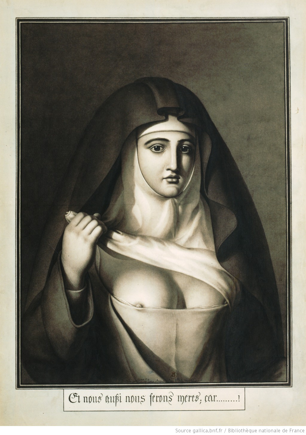 Drawing of a nun showing one of her breasts. 