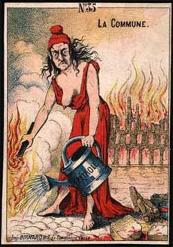 Caricature of a woman pouring gas on a fire. 