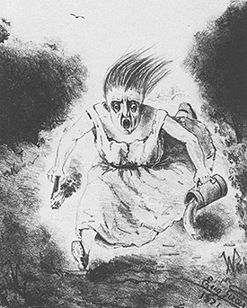 Drawing of a woman running and pouring liquid. 