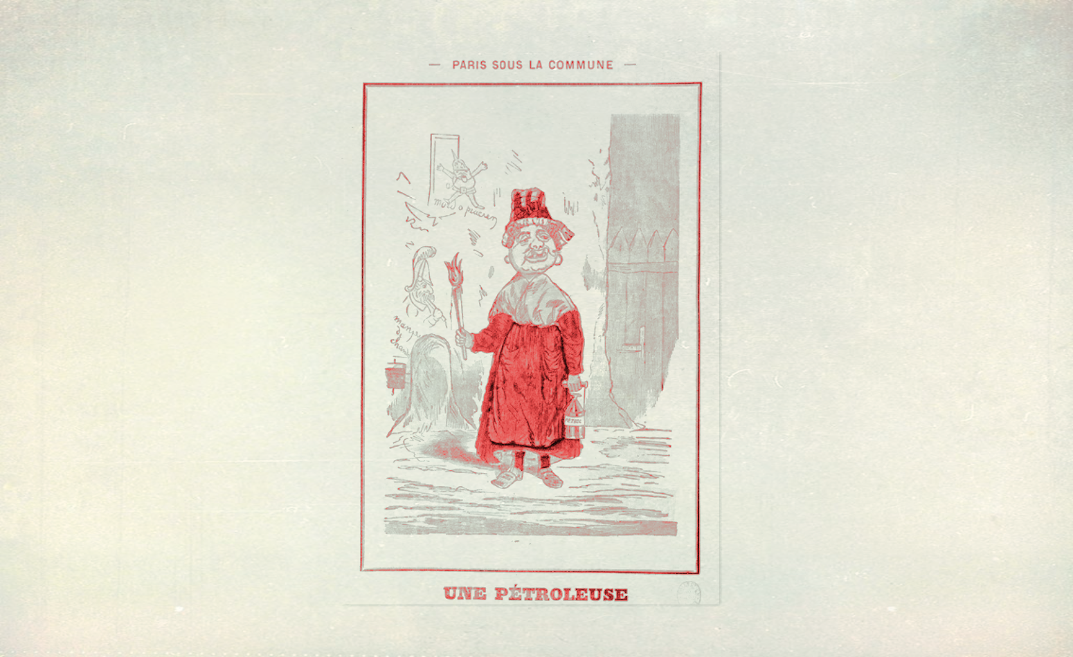 Drawing of a woman dressed in red with a fire torch and a jar of gas.