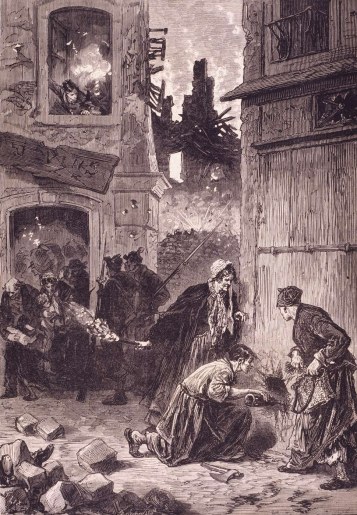 Drawing of three women setting fire to a building. 