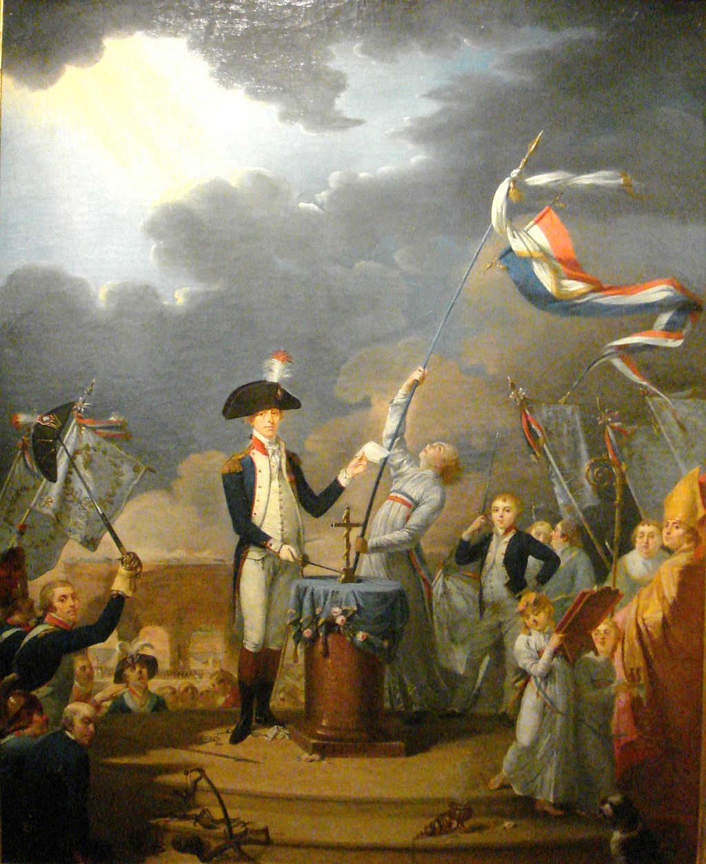 Lafayette giving an oath in front of a crowd.