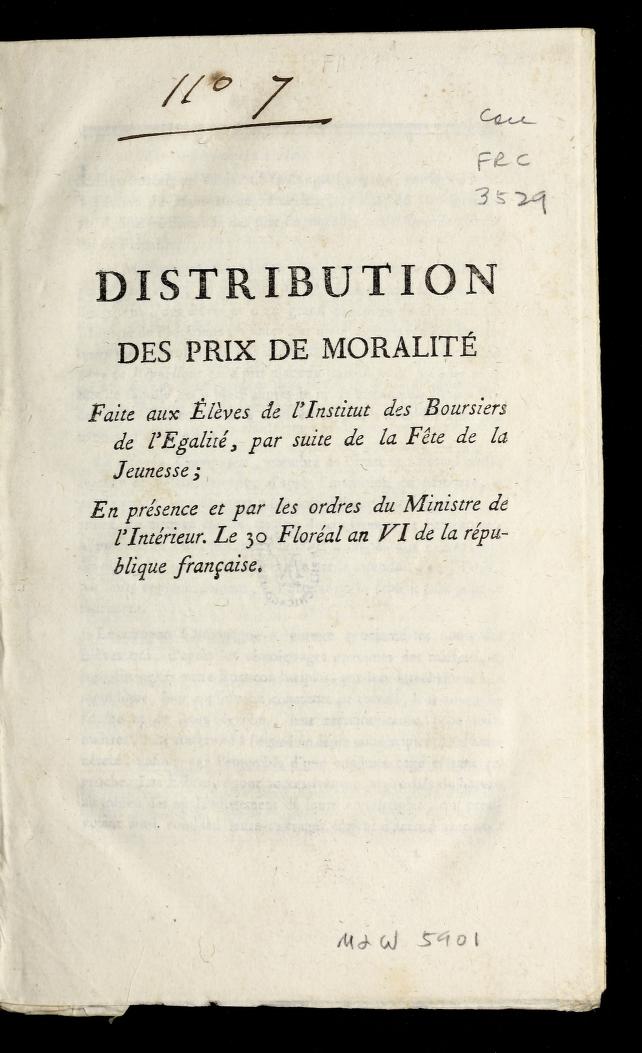 Title page of a book about distributing prizes for morality. 
