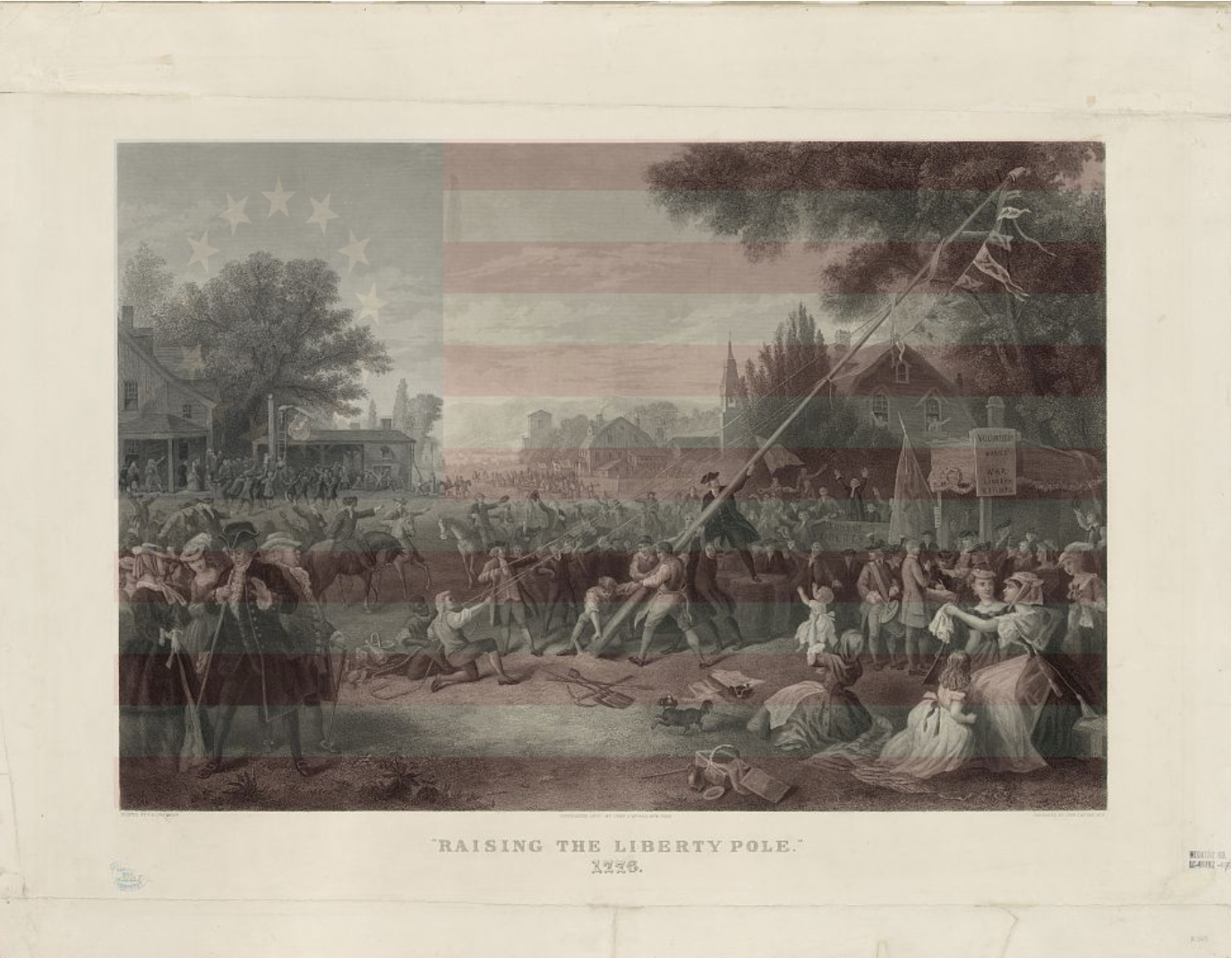 Engraving of a crowd raising an American Flag on a pole.