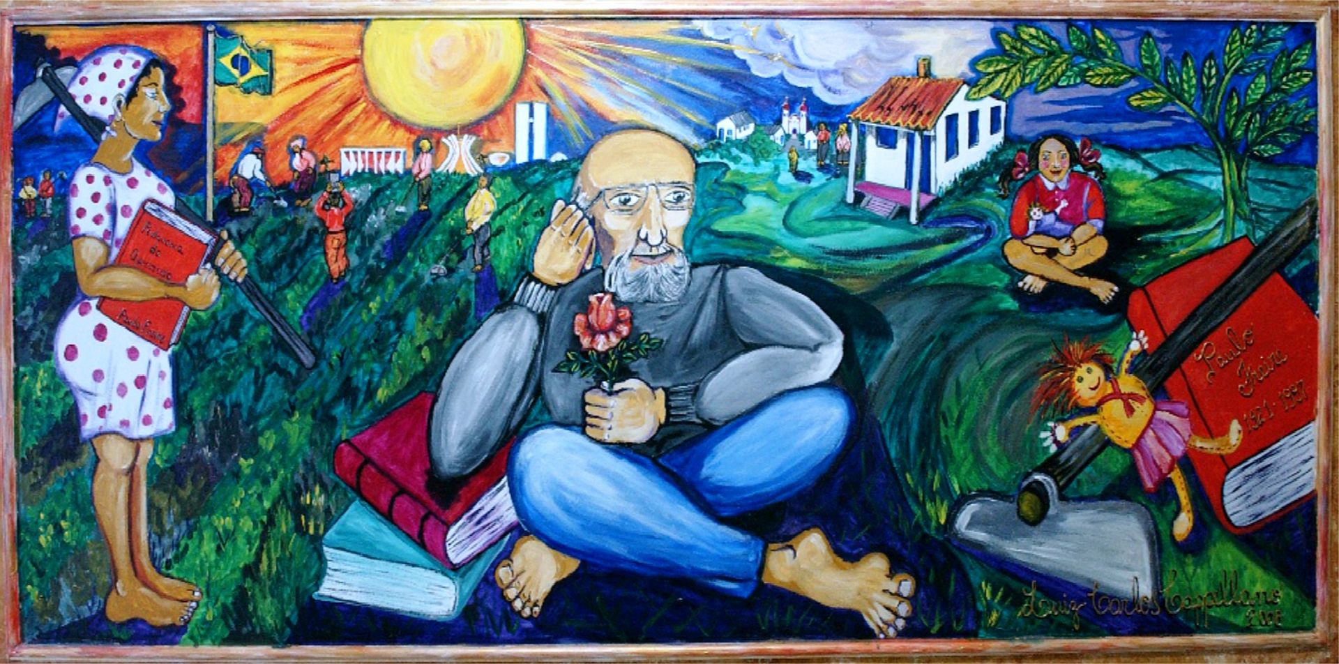 Mural of Paulo Freire surrounded by books and students. 