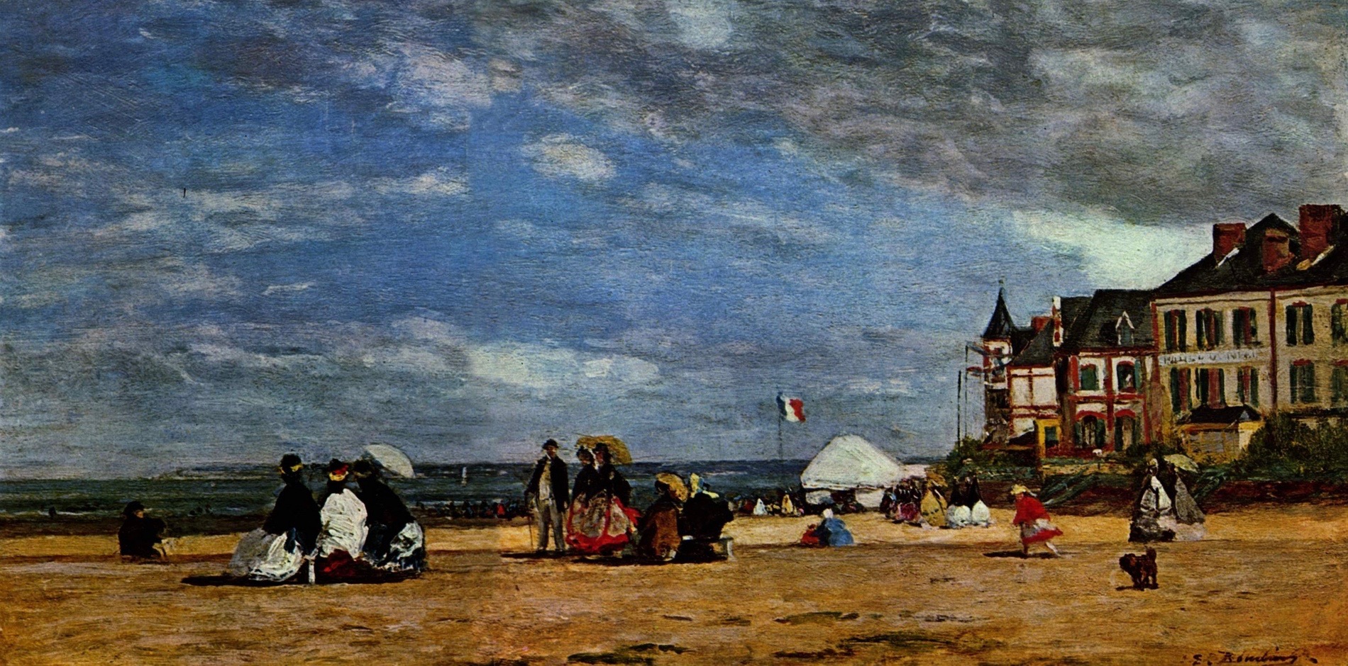 Painting of people on a beach.