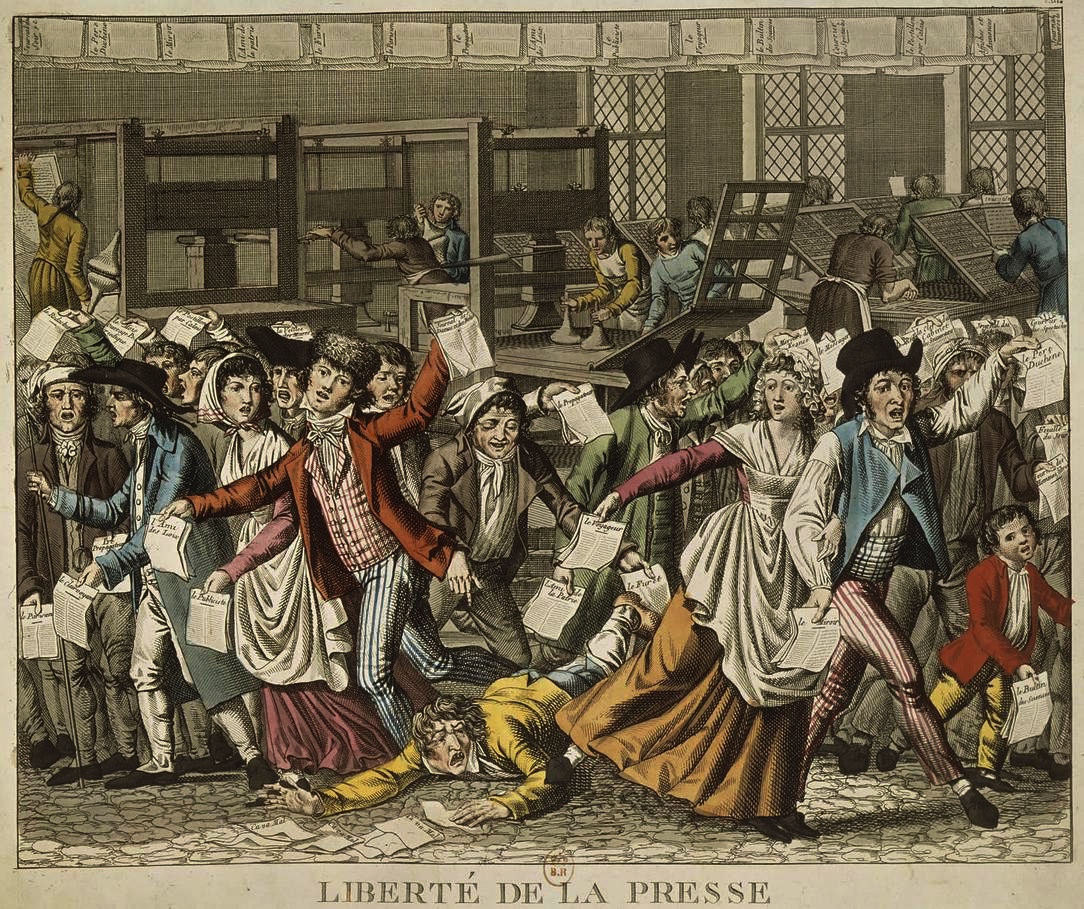 Drawing of crowd holding newspapers in their hands protesting for freedom of press.